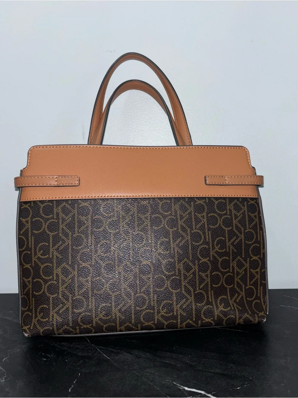 🥥Calvin Klein Brown Monogram Satchel with Tan Trim
